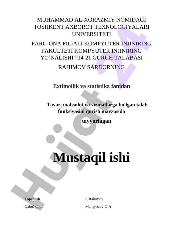 Talab funksiyasini qurish mavzuidagi mustaqil ish