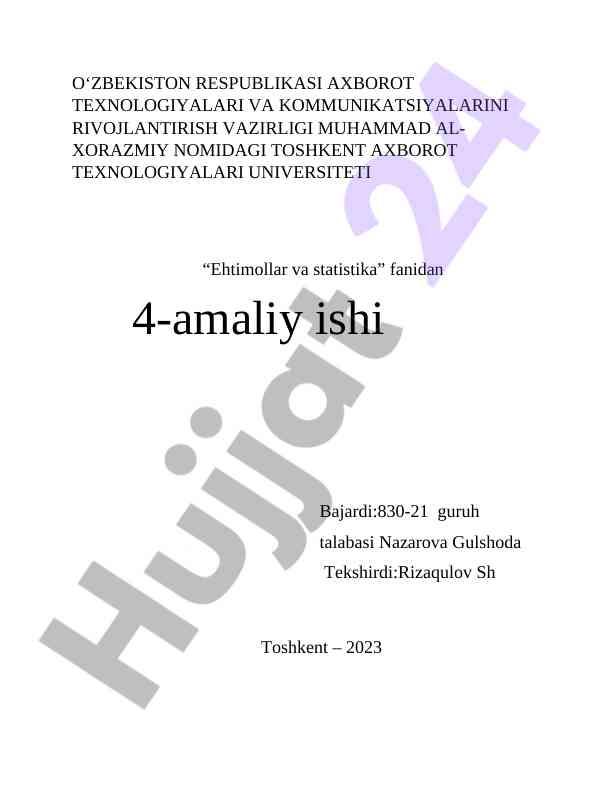 Tanlanmaning boshlangʻich statistik tahlili amaliy ish