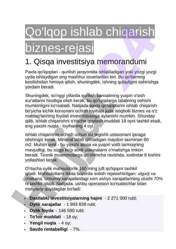 Paxta qo'lqoplari ishlab chiqarish biznes-rejasi