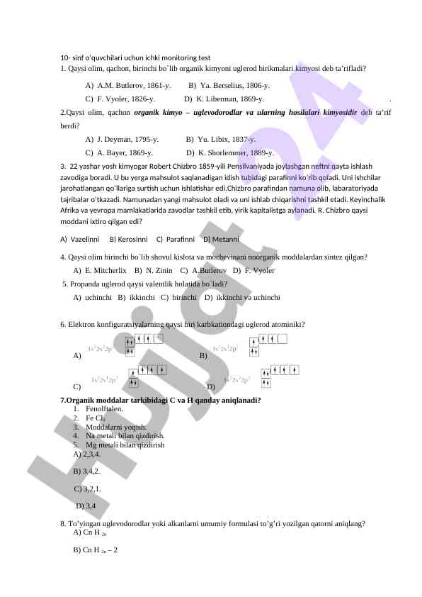 O‘quvchilar uchun ichki monitoring test 1