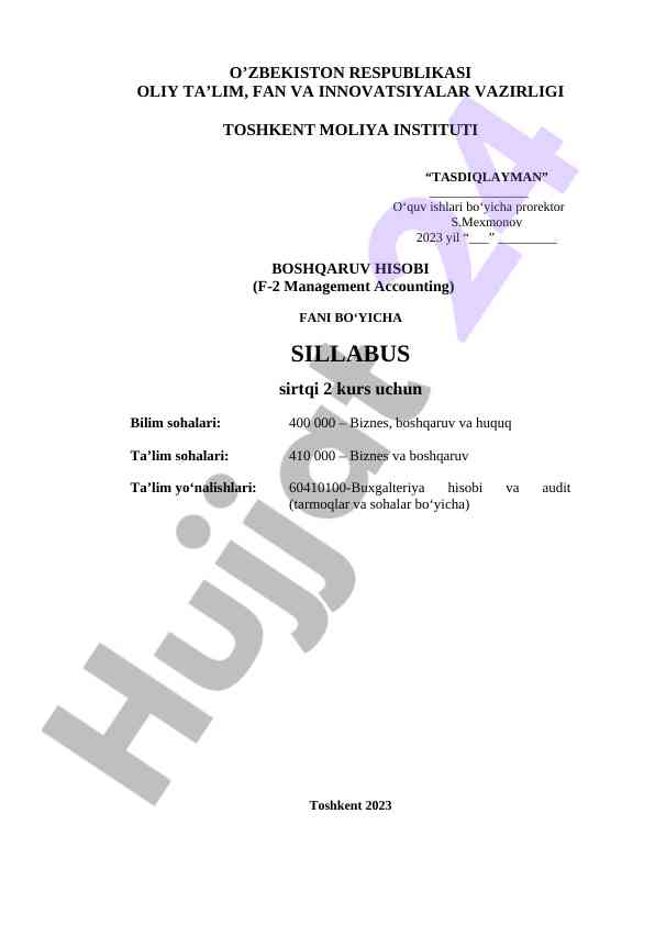 Boshqaruv hisobi fani sillabusi 2023/2024 o‘quv yili