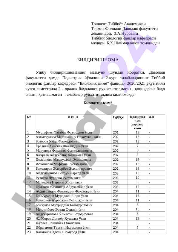Biologik kimyo fanidan baholash yozuvi