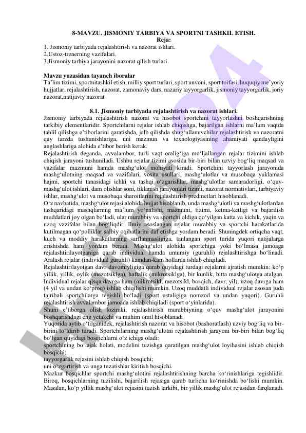 Jismoniy tarbiya va sportni tashkil etish rejalashtirish