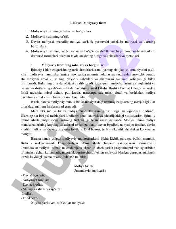 Moliyaviy tizimning asosiy soha va bo‘g‘inlari