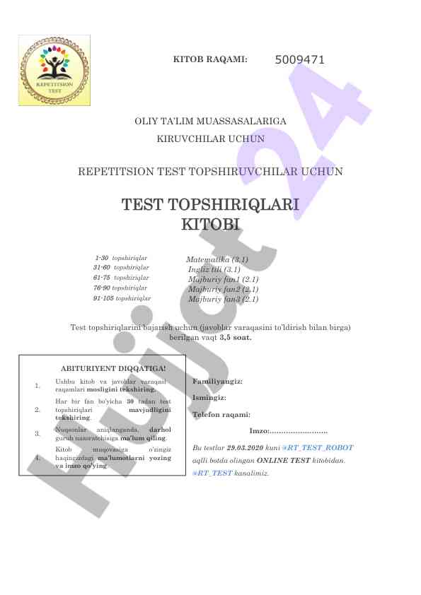 Oliy ta'lim muassasalariga kiruvchilar uchun testlar