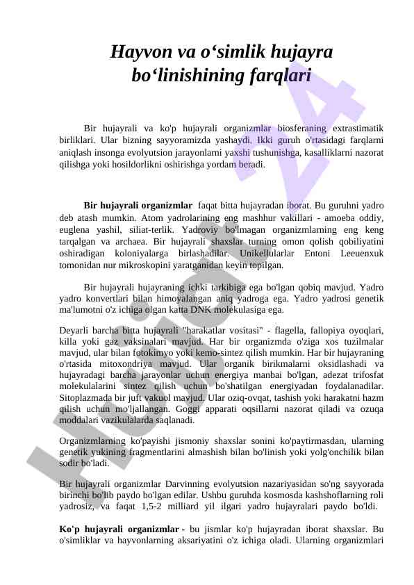 Farqlari bir hujayrali va ko'p hujayrali organizm