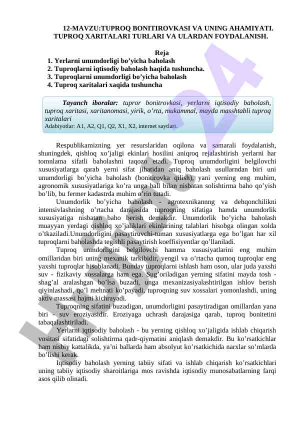 Tuproq bonitirovkasi va uning ahamiyati