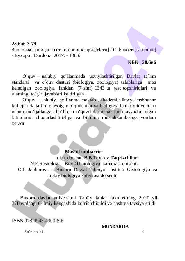 Zoologiya fanidan test topshiriqlari