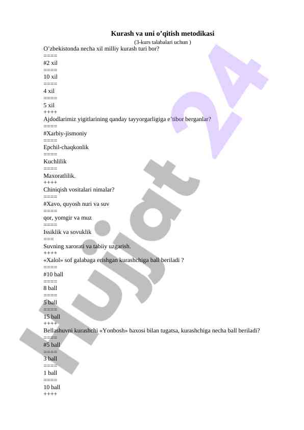 Kurash va uni o‘qitish metodikasi 3-kurs talabalari uchun