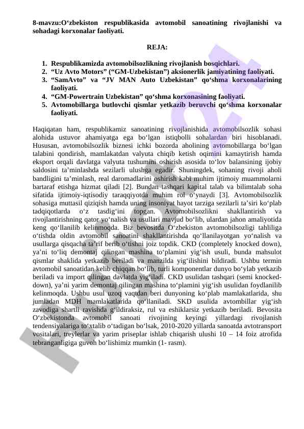O‘zbekiston avtomobil sanoati rivojlanishi haqida