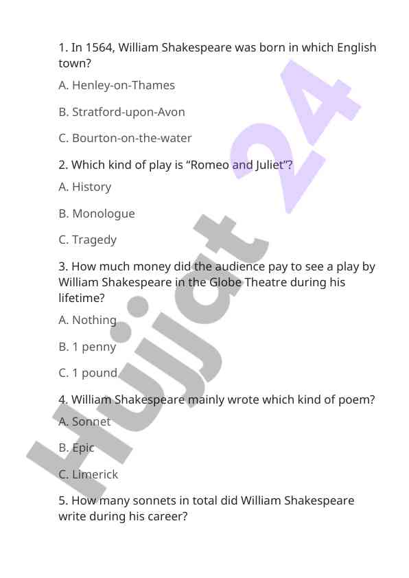 William shakespeare quiz questions and answers