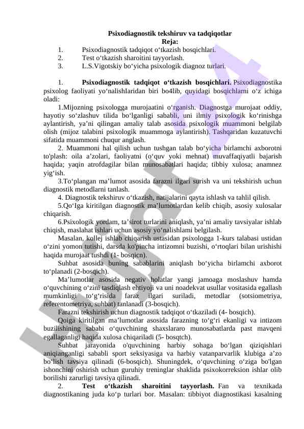 Psixodiagnostik tekshiruv va tadqiqotlar rejasi