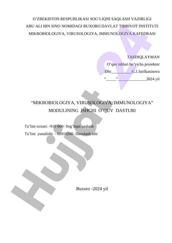 Microbiologiya virusologiya imunologiya o‘quv dasturi