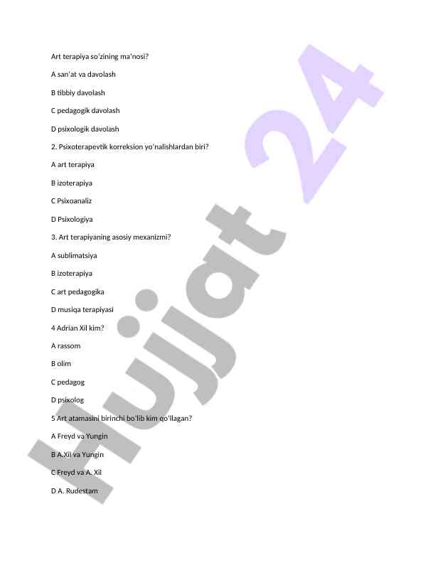 Art terapiya haqida test savollari