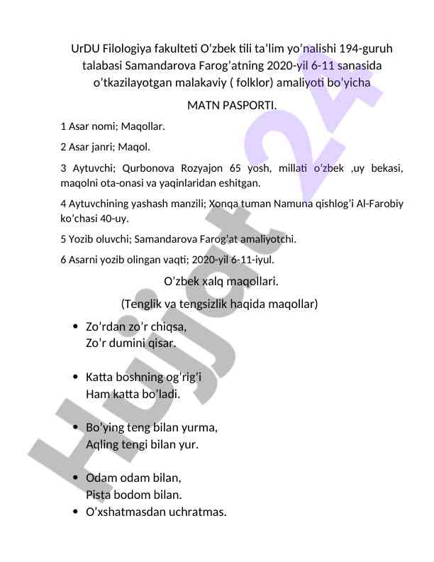 O‘zbek maqollari haqida matn pasporti