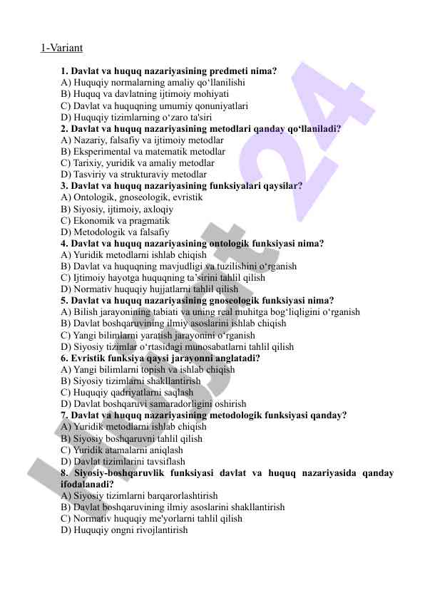 Davlat va huquq nazariyasi test savollari