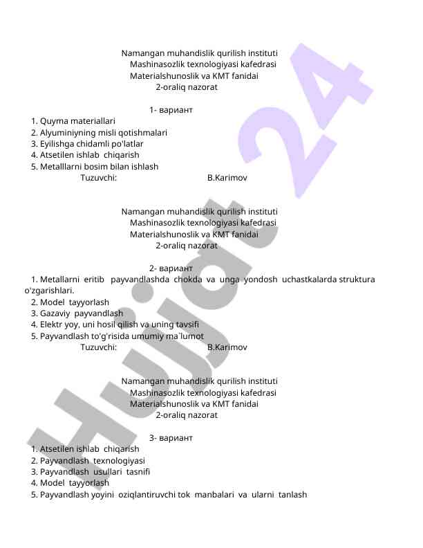 Mashinasozlik texnologiyasi kafedrasi nazorat ishlari