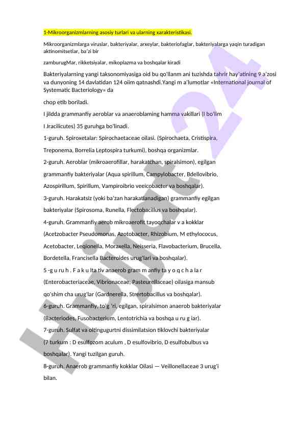 Mikroorganizmlarning turlari va xarakteristikasi