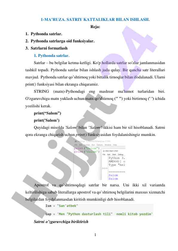 Python dasturlashda satrlar bilan ishlash