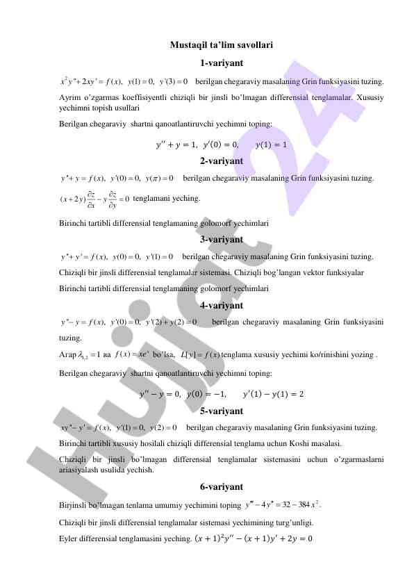 Differensial tenglamalar bilan chegaraviy masalalar