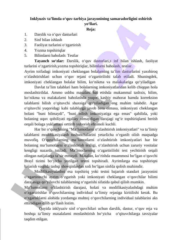 Inklyuziv ta’limda o‘quv-tarbiya jarayonini samaradorligi