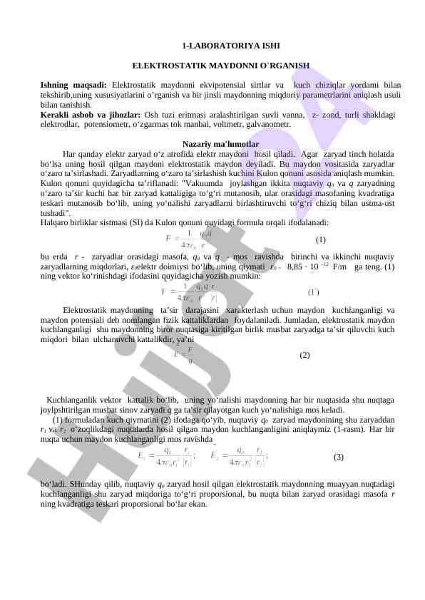 Elektrostatik Maydoni O‘rganish Laboratoriya Ishlari