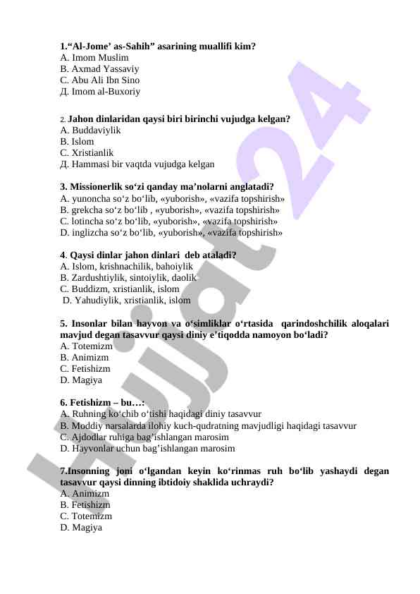 Jahon dinlari haqida tesst savollari