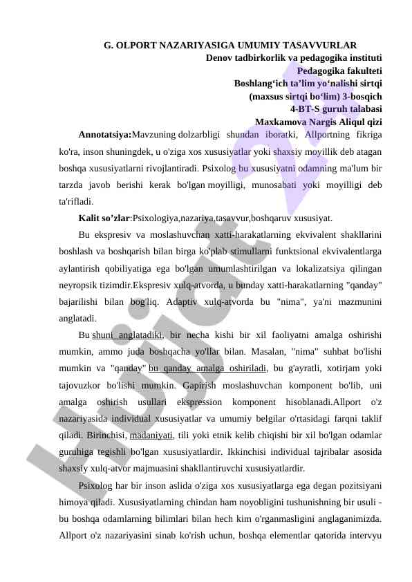 G. olport nazariyasi haqida umumiy tasavvurlar