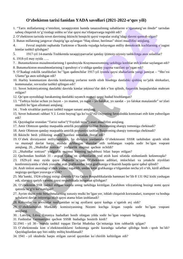 O‘zbekiston tarixi fanidan yada savollari