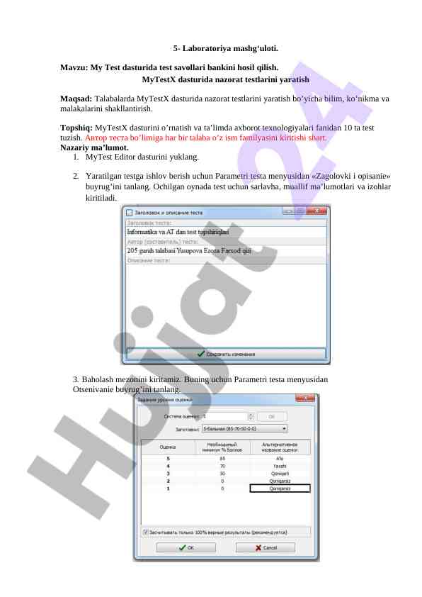 My test dasturida test savollari bankini hosil qilish