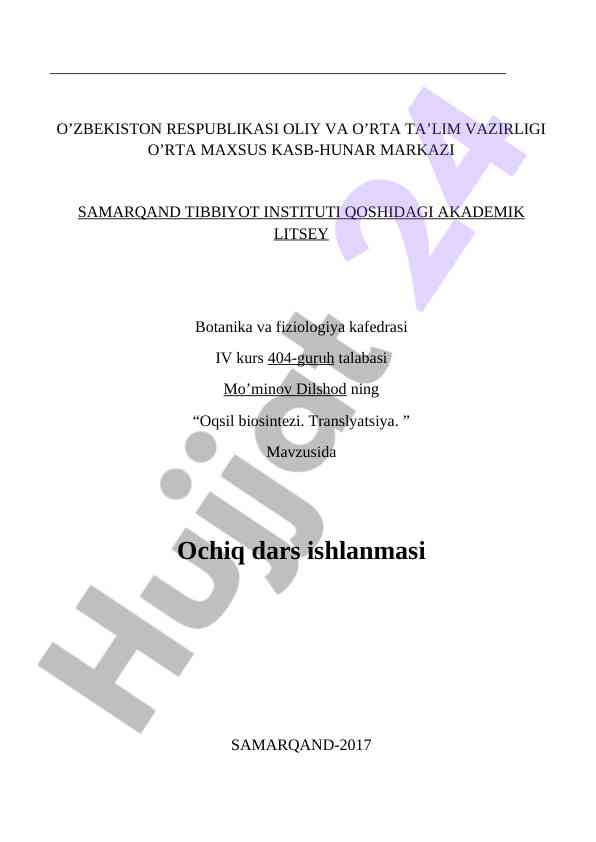 Oqsil biosintezi va translyatsiya dars ishlanmasi