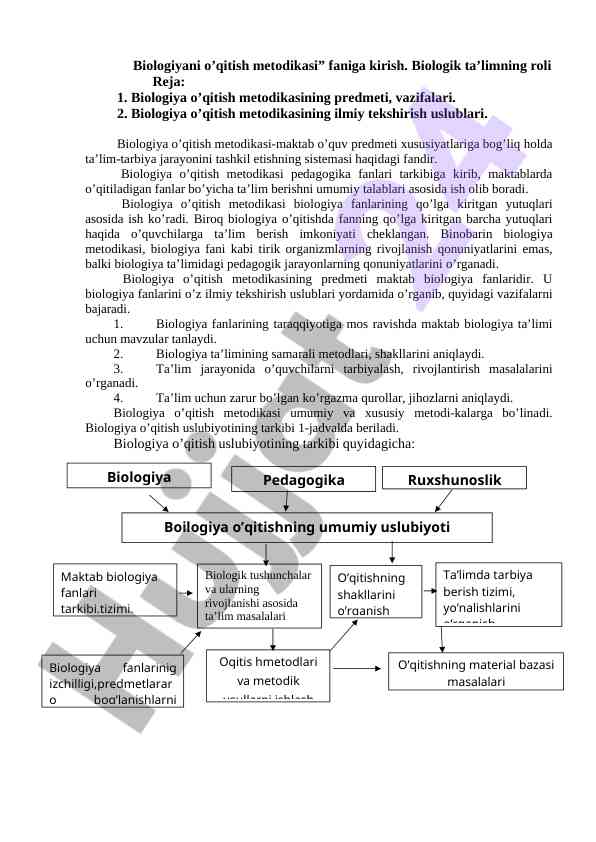 Biologiyani o'qitish metodikasi faniga kirish