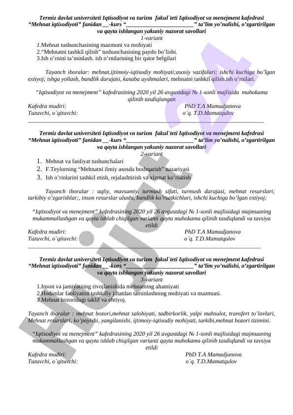 Mehnat iqtisodiyoti fanidan yakuniy nazorat savollari