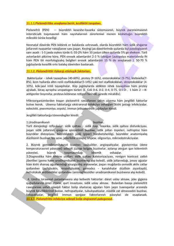 Pielonefritning etiologiyasi va tarqaliw zhospary