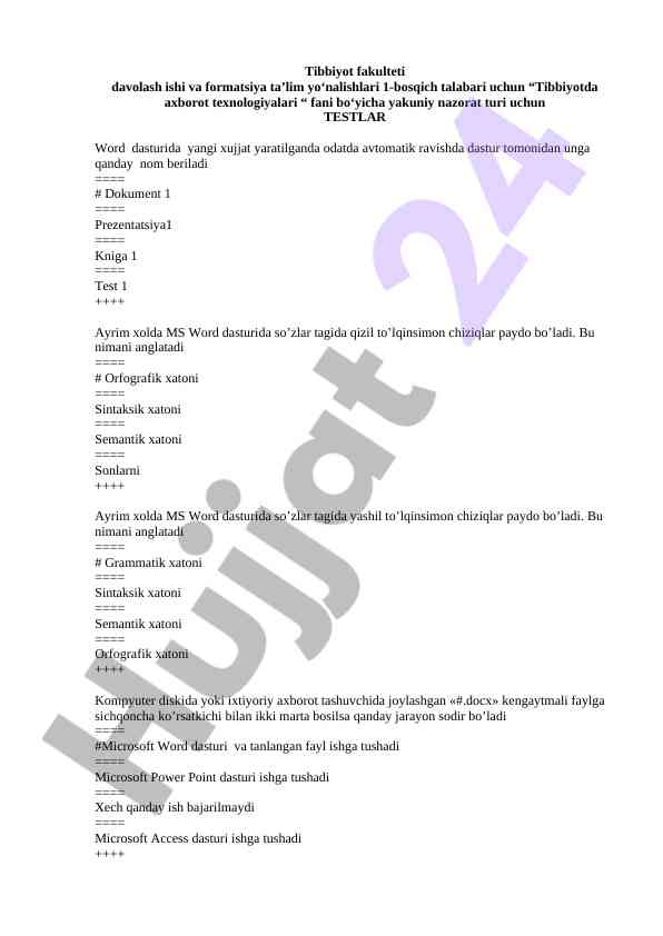 Tibbiyotda axborot texnologiyalari testlari