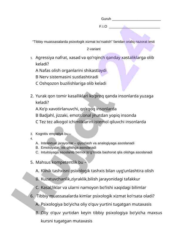 Psixologik xizmat ko’rsatish bo’yicha nazorat testi