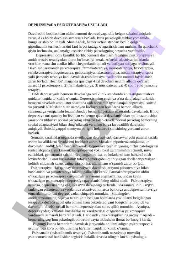 Depressiyada psixoterapiya usullari va davolash