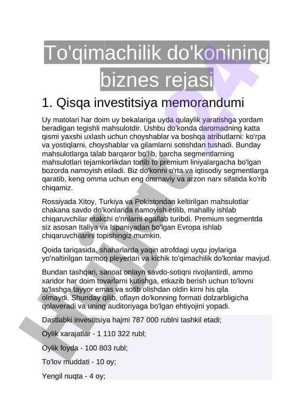 To'qimachilik do'koni biznes rejasi loyihasi