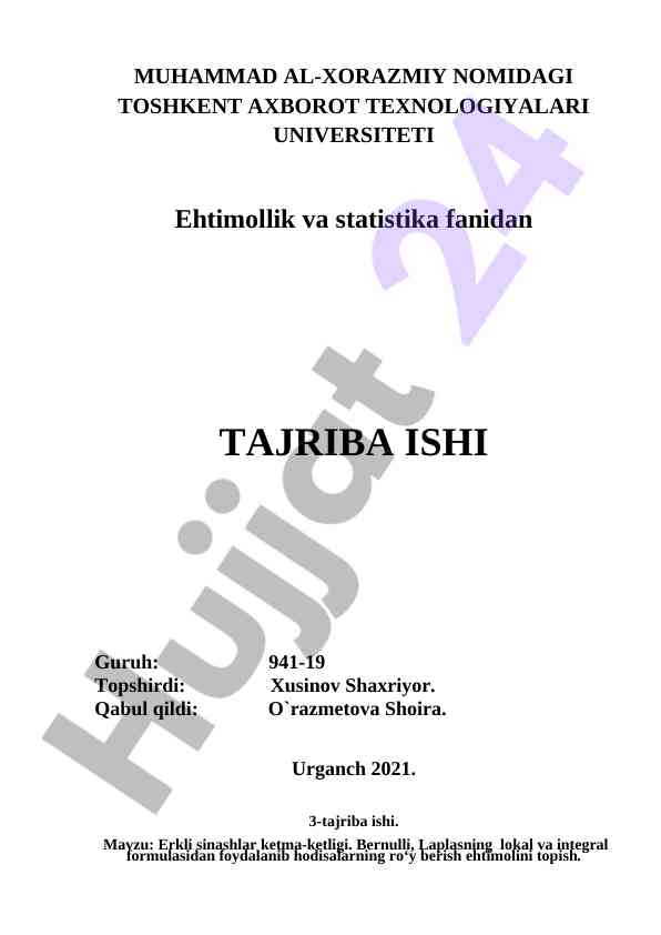 Ehtimollik va statistika fanidan tajriba ishlari
