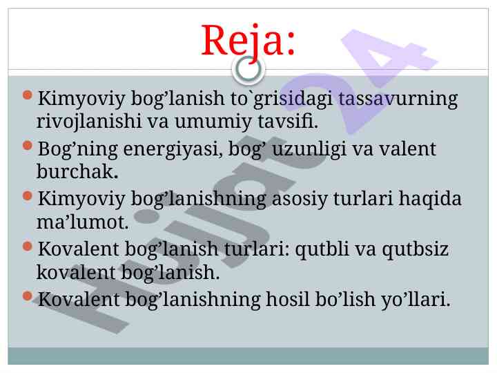 Kimyoviy bog'lanish turlarining rivoji va tavsifi