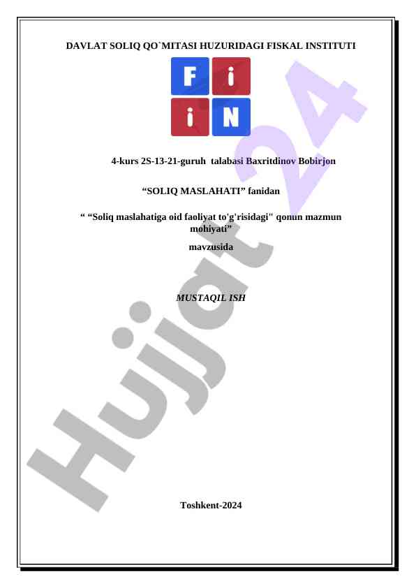 Soliq maslahati fanidan mustaqil ish