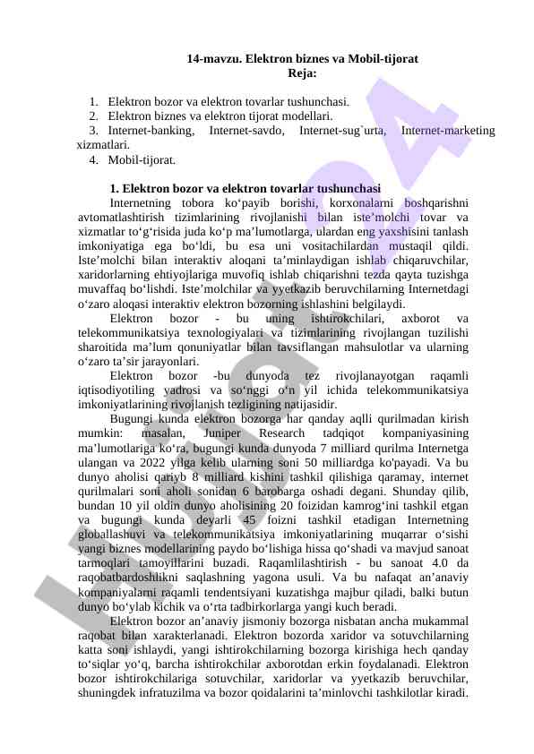 Elektron biznes va mobil-tijorat tushunchasi