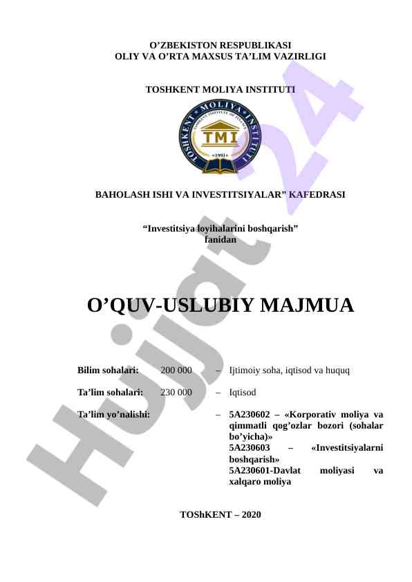 Investitsiya Loyihalarini Boshqarish O‘quv-Uslubiy Majmua