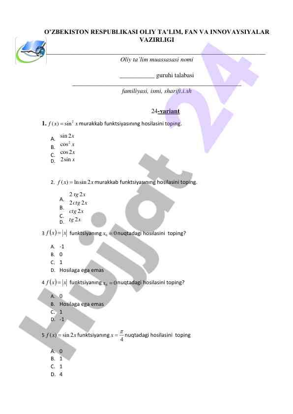 Murakkab funktsiyalarning hosilasini topish testi