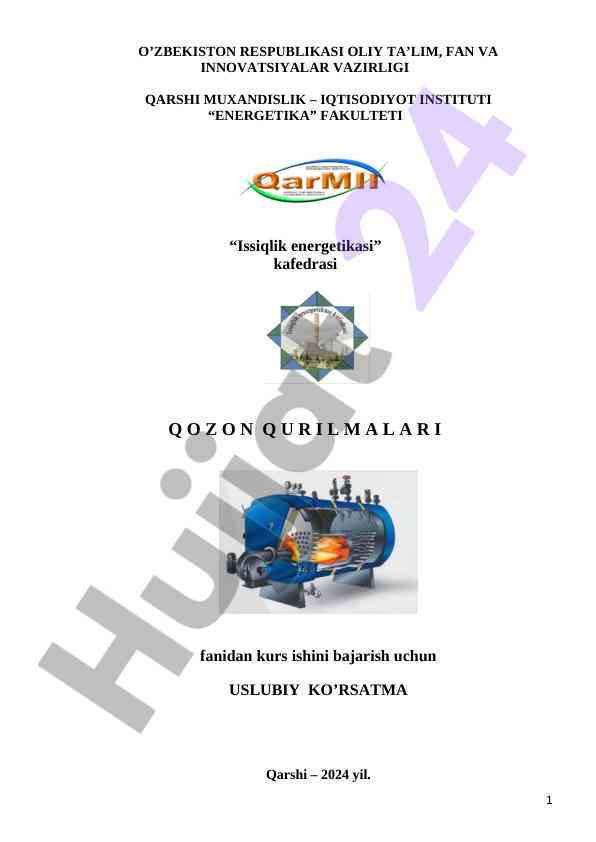 Issiqlik energetikasi fanidan kurs ishlari uslubiy ko'rsatma