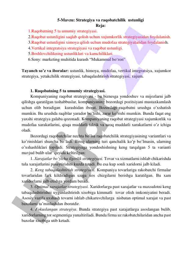 Raqobat strategiyalari va ustunliklar tahlili