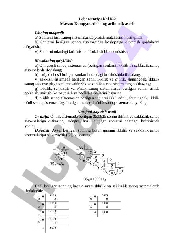 Kompyuterlarning arifmetik asosi laboratoriya ishlari