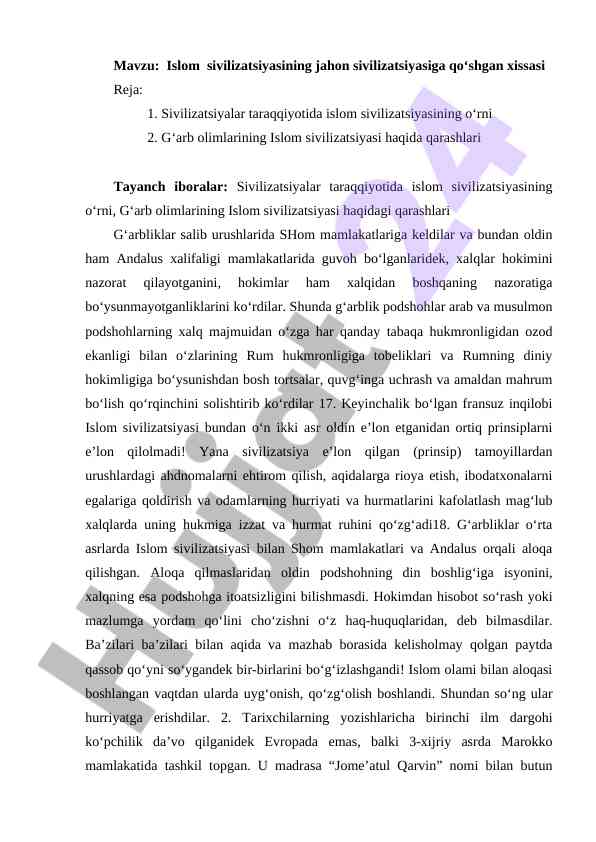 Islom sivilizatsiyasining jahon sivilizatsiyasiga ta'siri