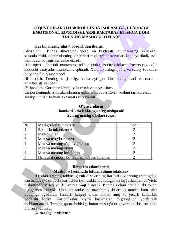 Trening mashg‘ulotlari rejasi o‘quvchilar uchun