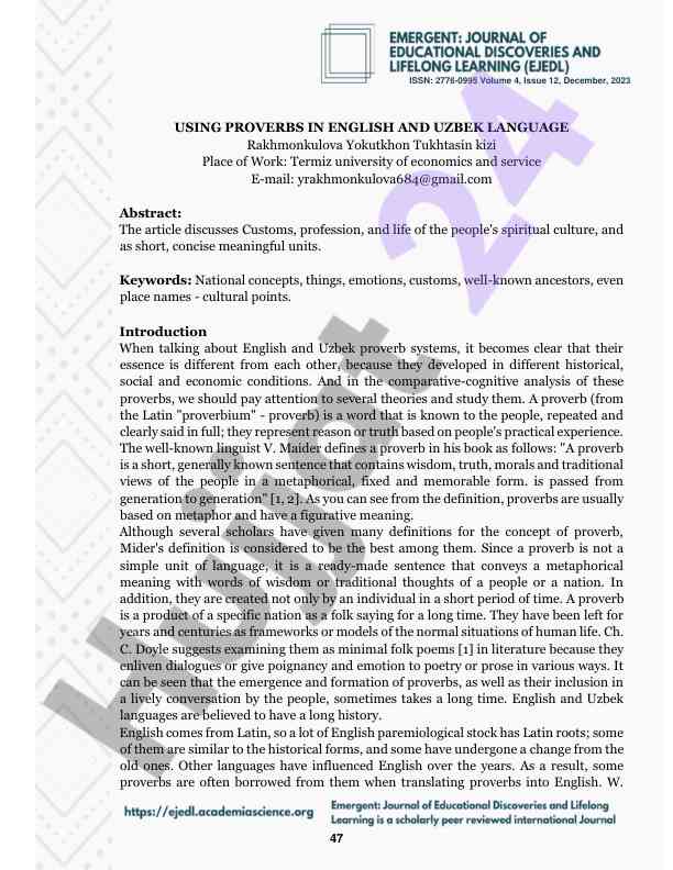 Using proverbs in english and uzbek language